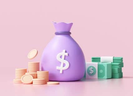 Spielzeugartige Illustration gelber Münzen, eines lila Geldsacks und grüner Bündel Dollar Scheine.